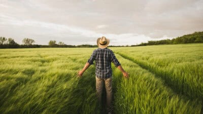 Man standing in a green field with his arms wide.