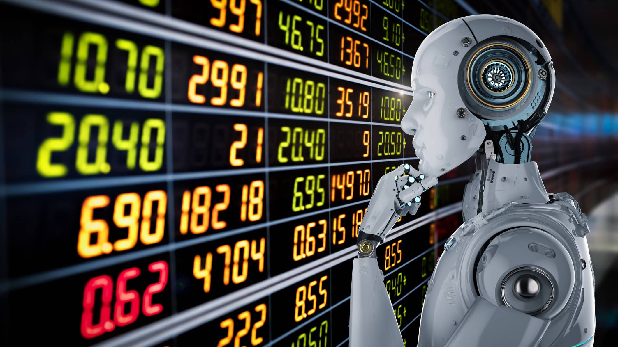 Humanoid robot analysing the stock market, symbolising artificial intelligence shares.
