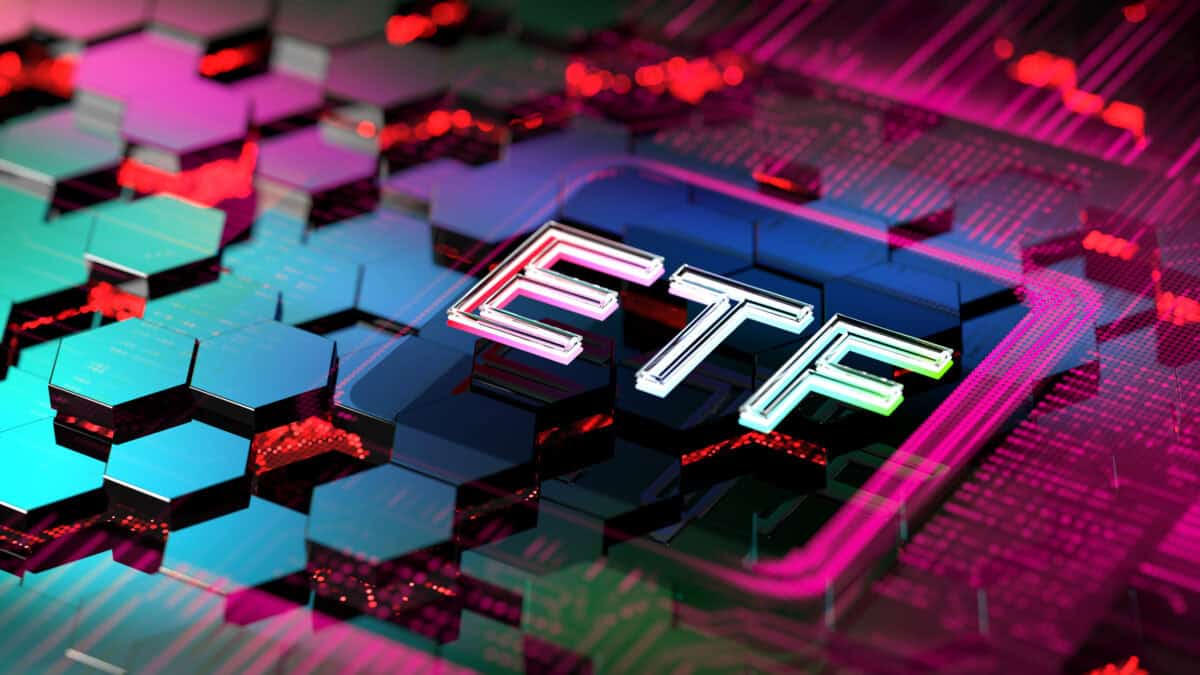 ETF written in white on a multi coloured background.