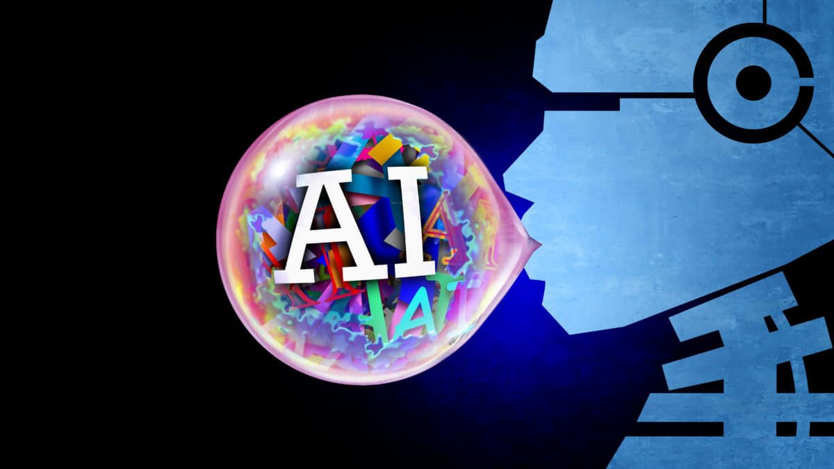 Image of robot blowing bubble with AIs in it.