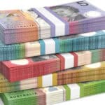 Stacks of Australian dollar currency banknotes.