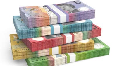 Stacks of Australian dollar currency banknotes.