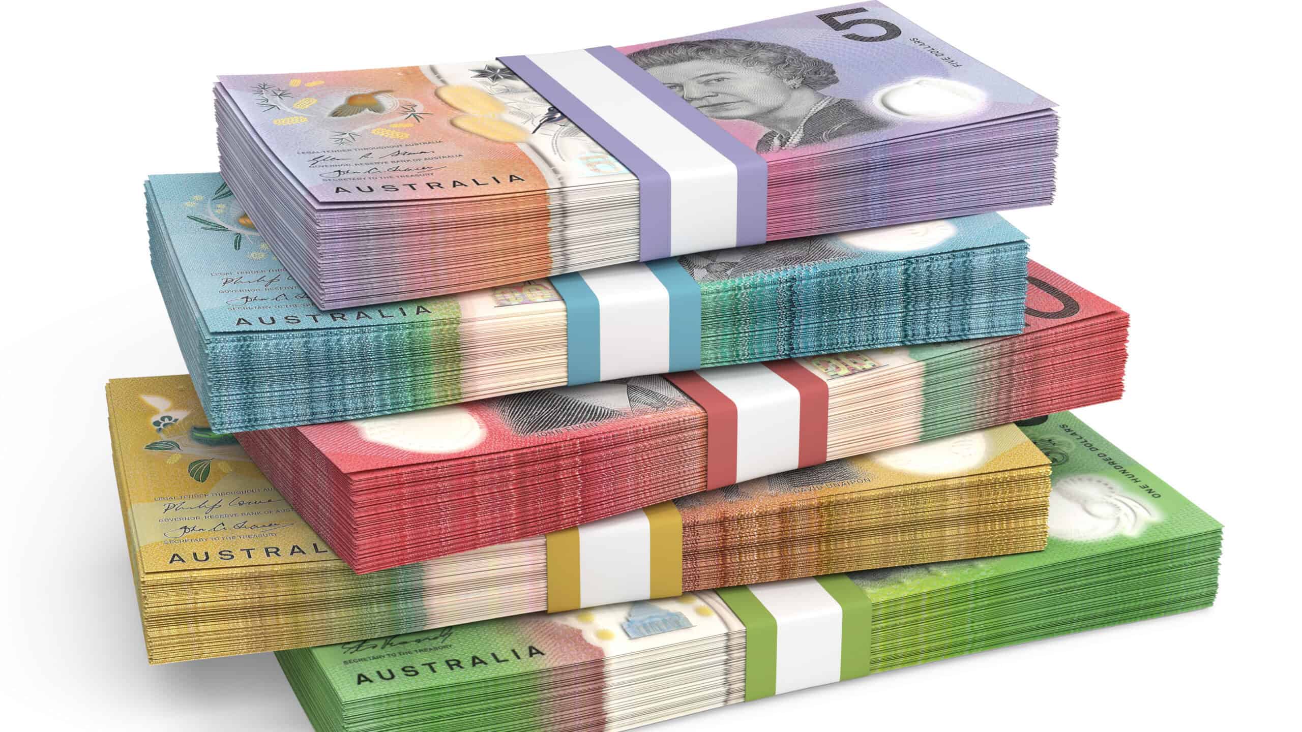 Stacks of Australian dollar currency banknotes.