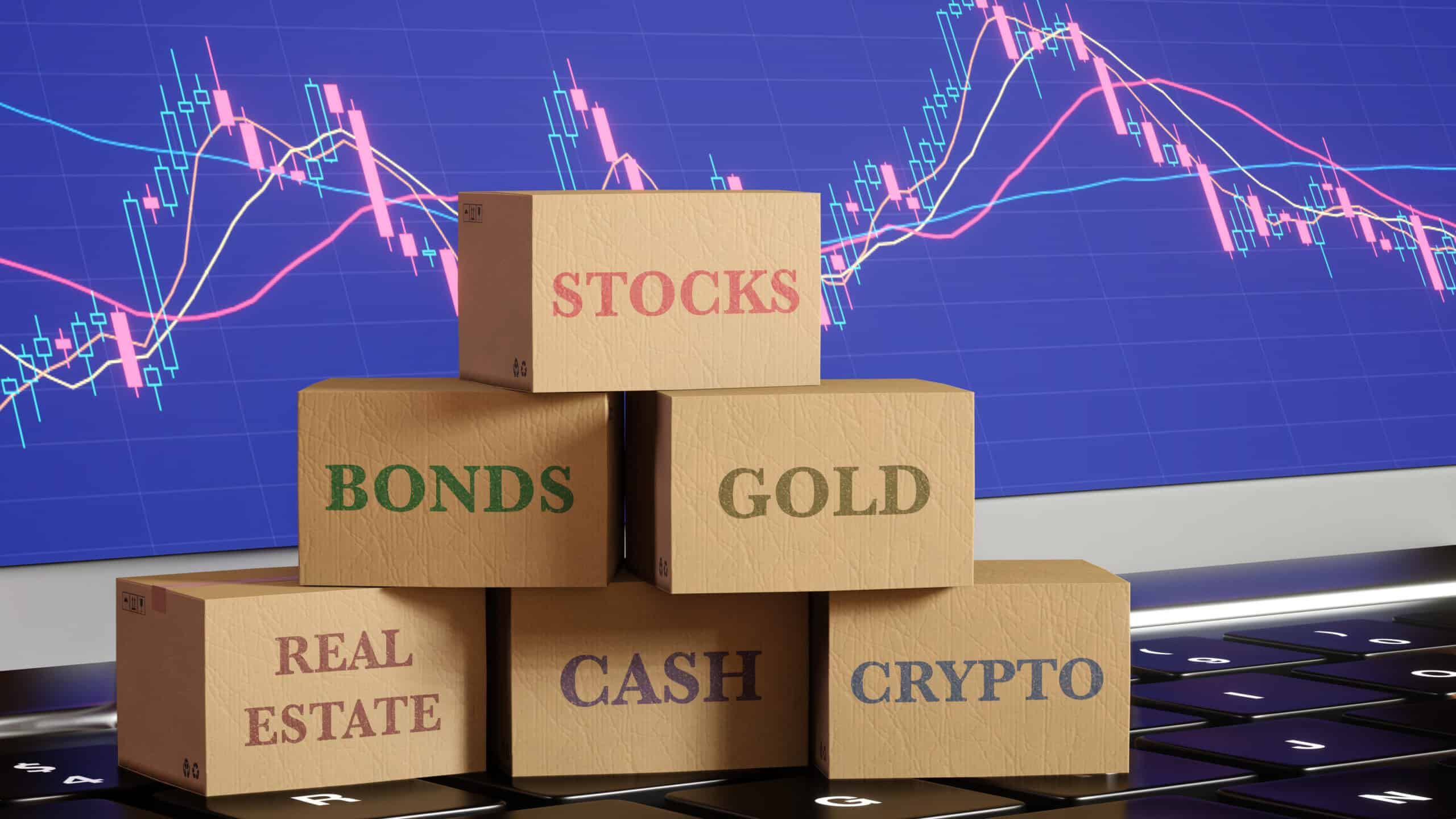 Boxes sitting on a laptop with different asset classes written, amidst a graph background.