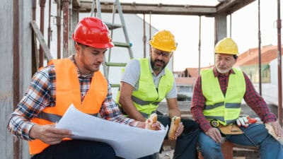 Three people at a building site discussing a plan whilst eating.