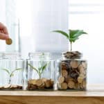 Ascending piles of coins and plants in three jars, with a hand putting a coin in the first jar.