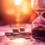 Hour glass next to pile of coins and notes.
