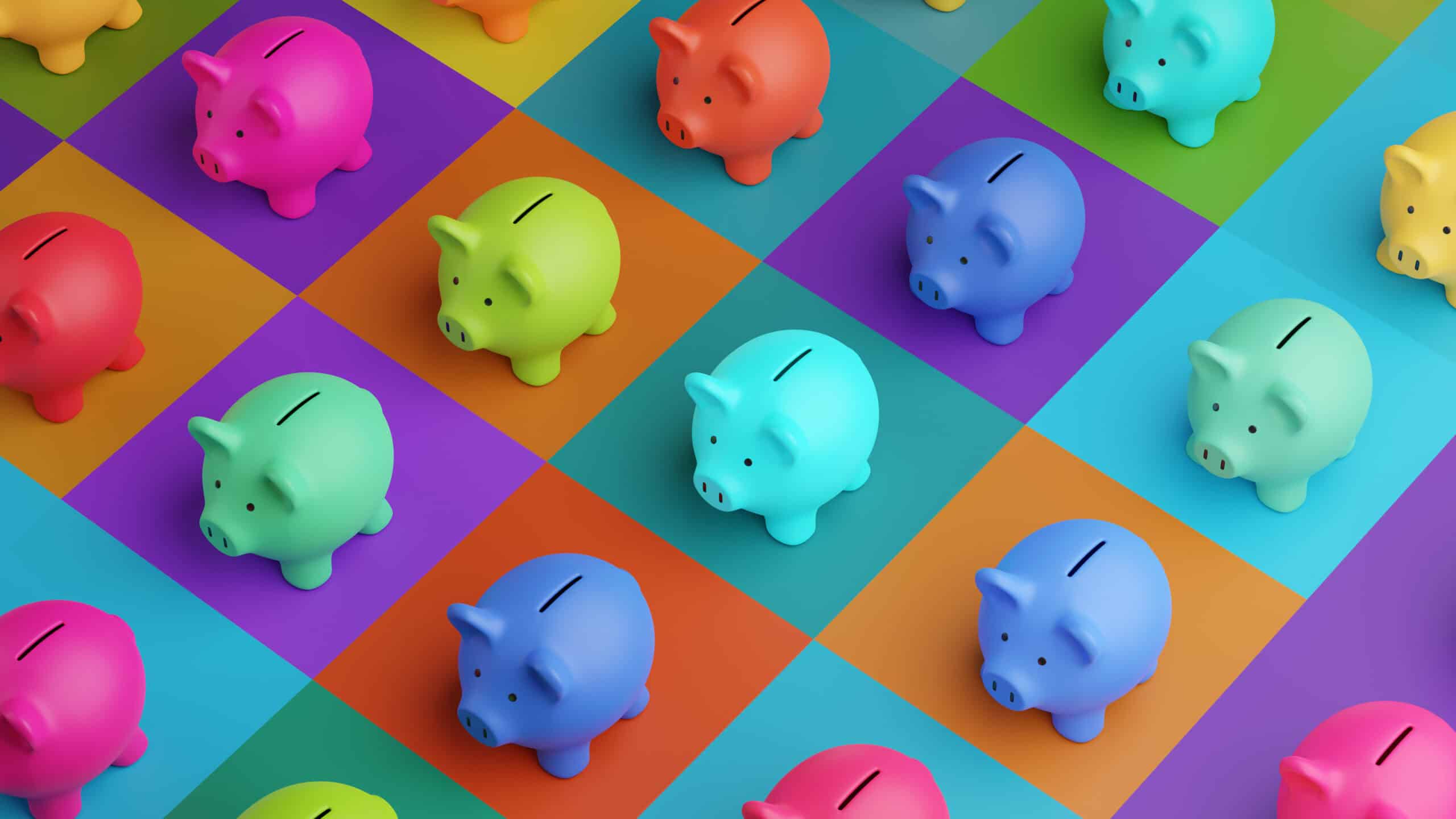 Different coloured piggy banks on different coloured squares.