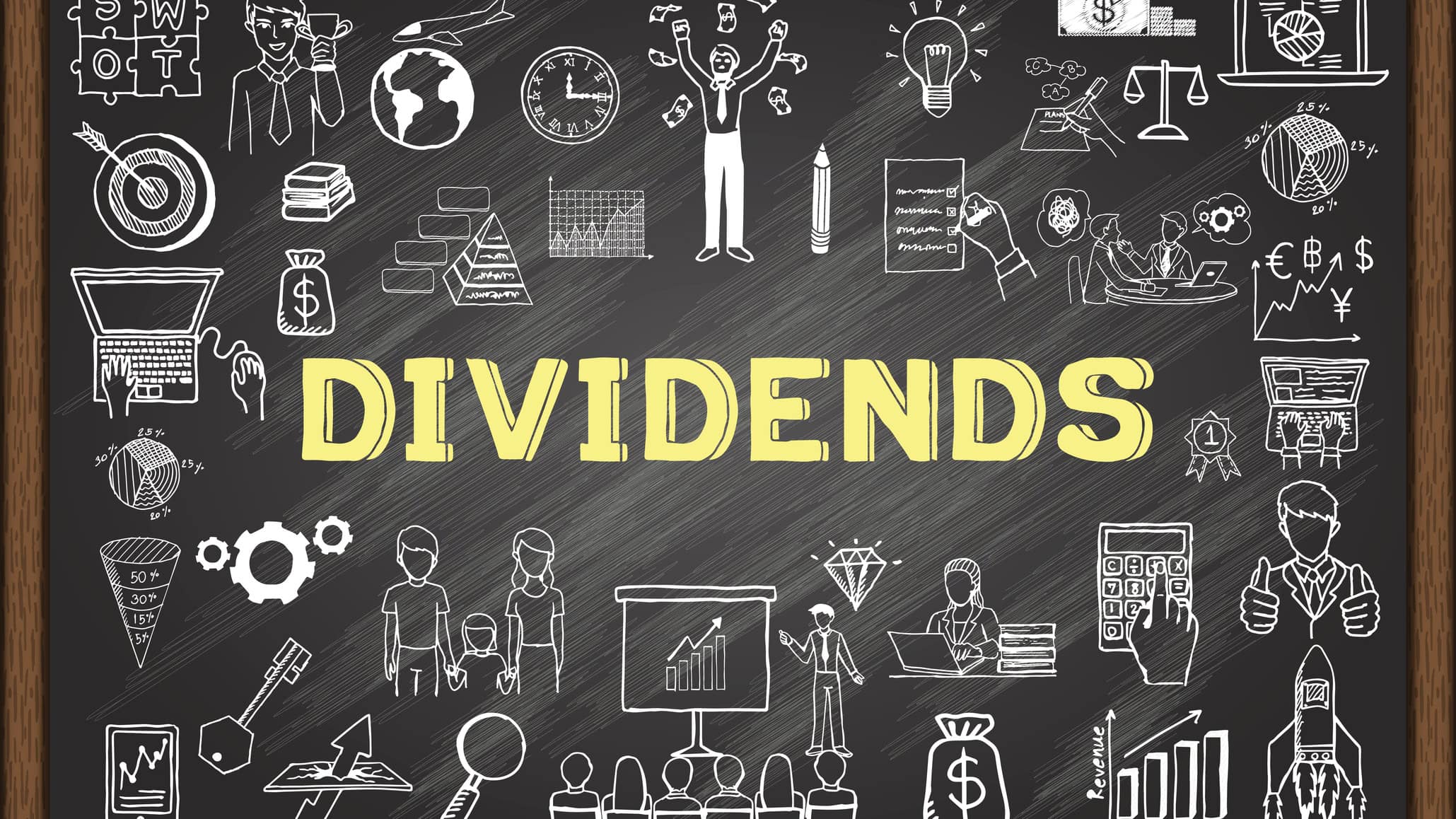 Dividends written in yellow on chalkboard, with finance-related diagrams.