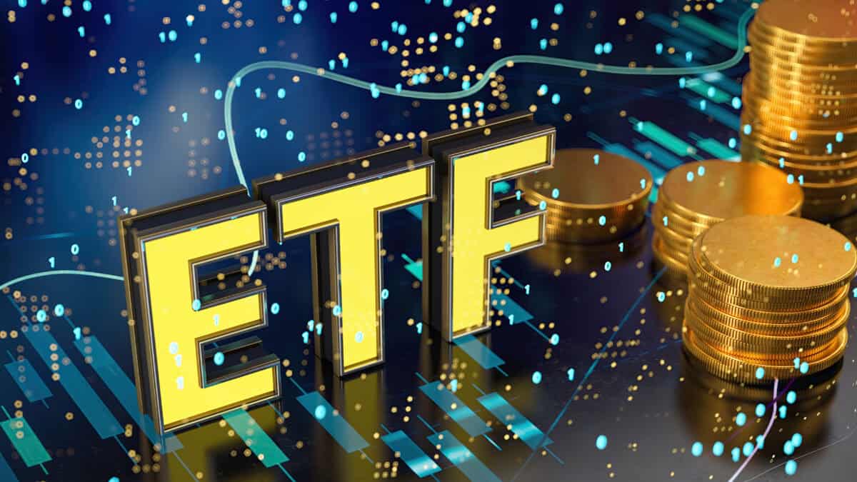 ETF in yellow with chart bars and piles of coins.