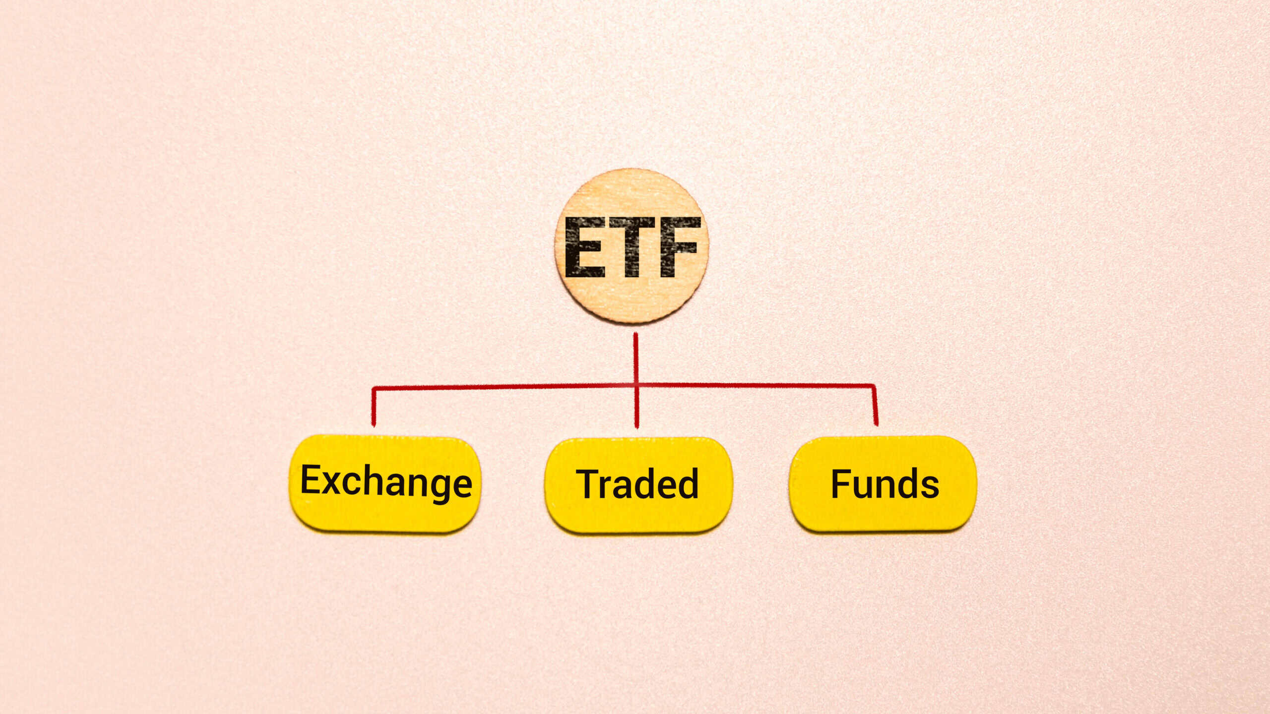 Exchange traded fund in yellow bubbles, underneath red lines with ETF in black and a light brown circle above.