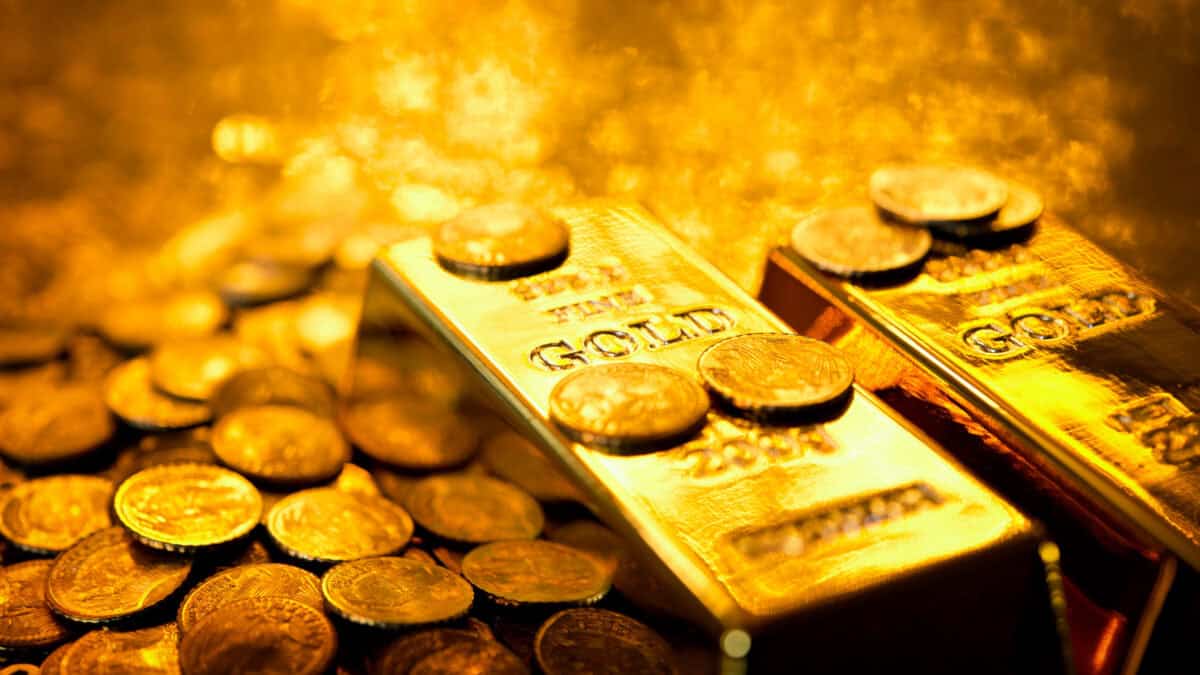 Gold bars on top of coins.