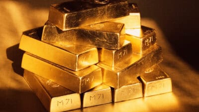 Stacked gold bricks.