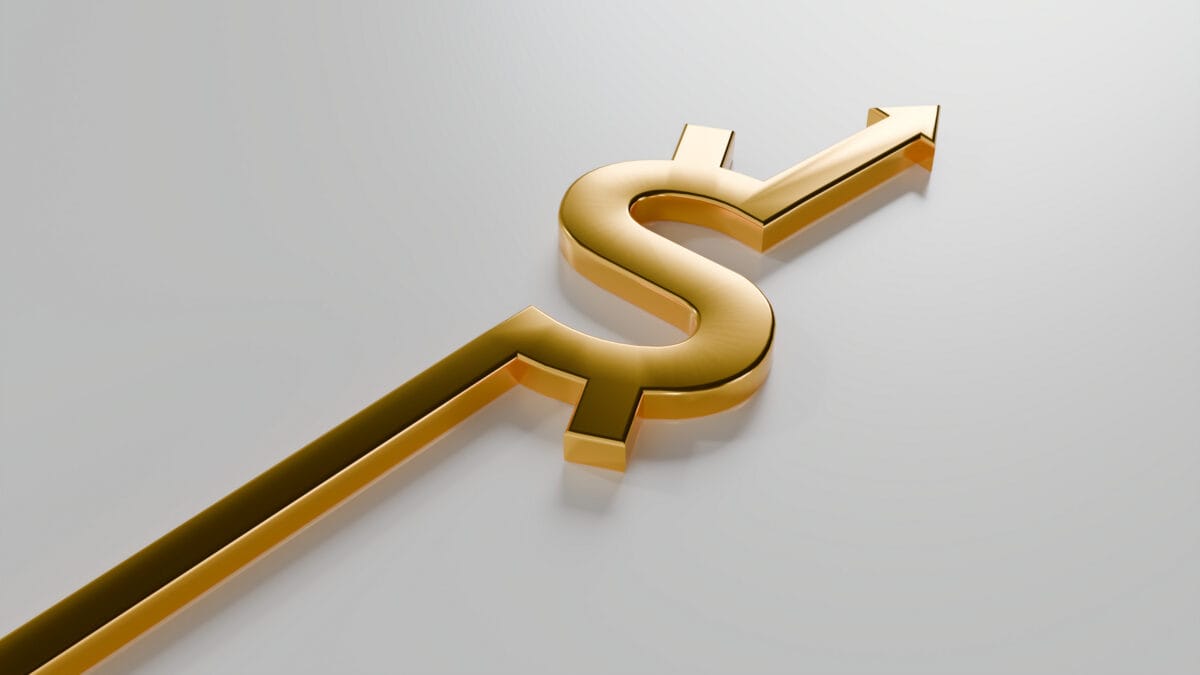 3D render of gold dollar with arrow sign.