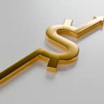 3D render of gold dollar with arrow sign.