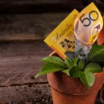 $50 Australian dollar note on top of a plant pot.