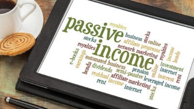 Passive income word cloud on a digital tablet, with a cup of coffee and biscuit at the side.