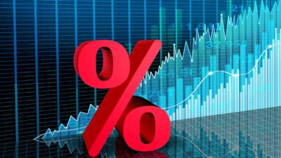 Red percentage sign in front of a chart.