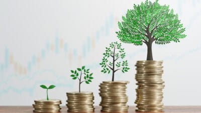 Increasing piles of coins and trees.