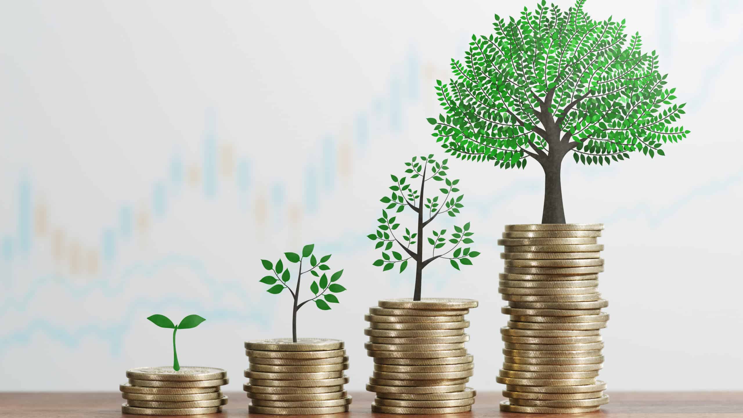Increasing piles of coins and trees.