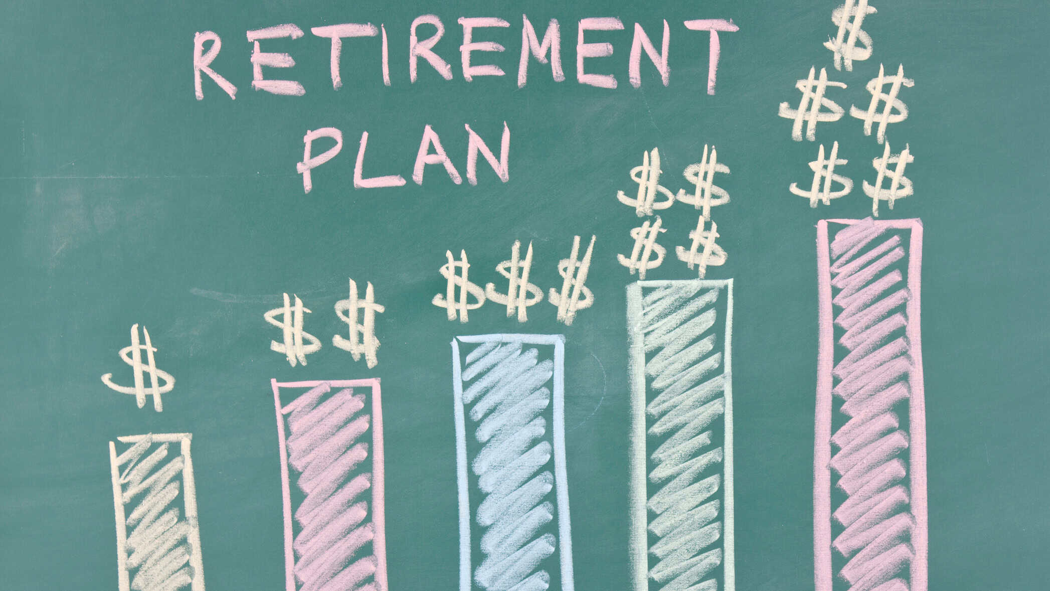 Retirement plan written on a chalkboard with increasing bar graphs and dollar signs on top.