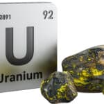 Uranium periodic table element symbol with uranium ore.