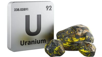 Uranium periodic table element symbol with uranium ore.