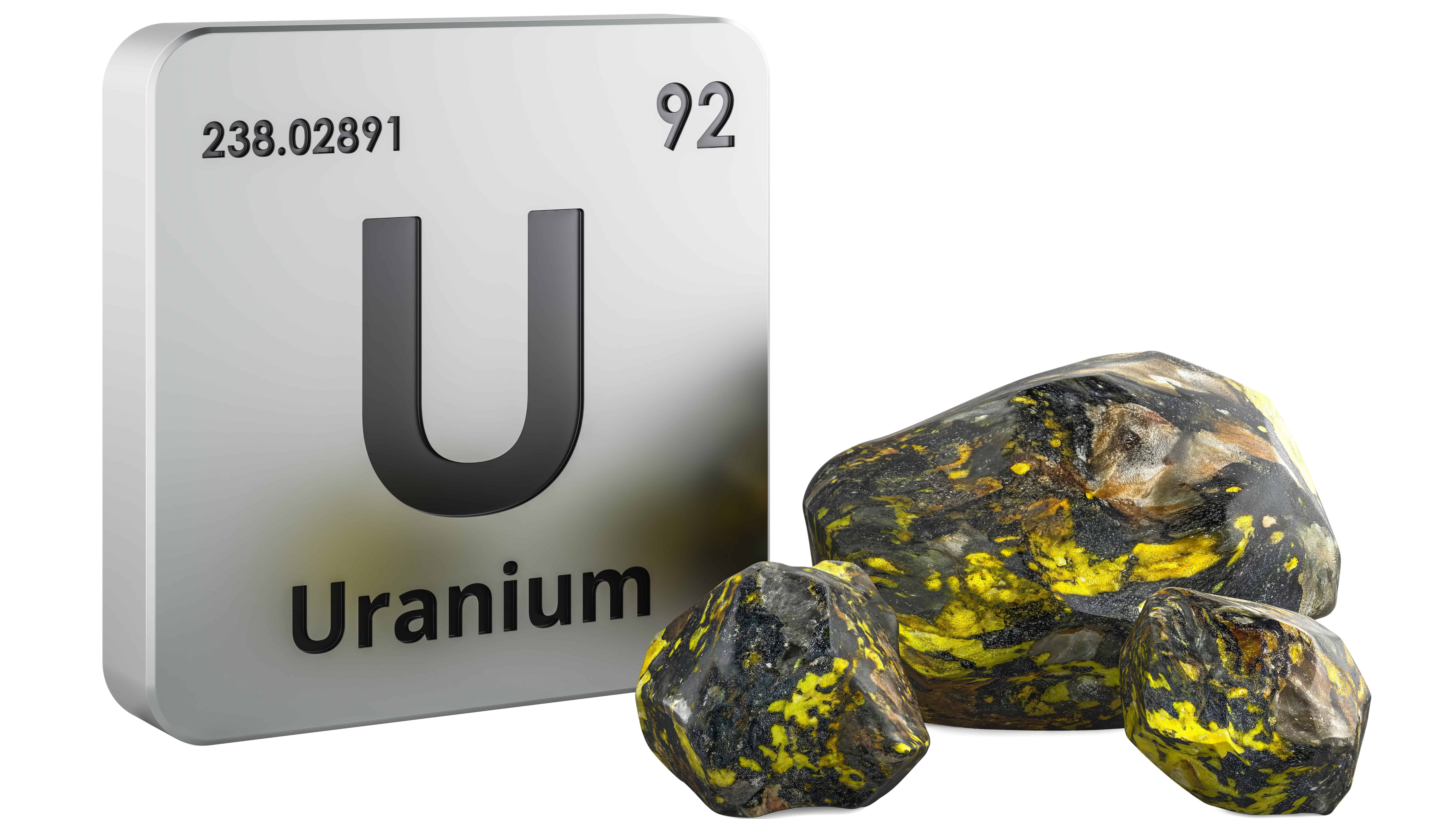 Uranium periodic table element symbol with uranium ore.