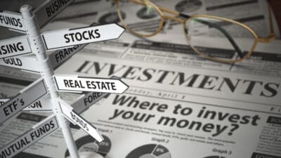 Signs of asset classes on a newspaper which says 'Where to invest your money?'.