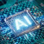 Glowing AI text in the middle of a semiconductor chip.