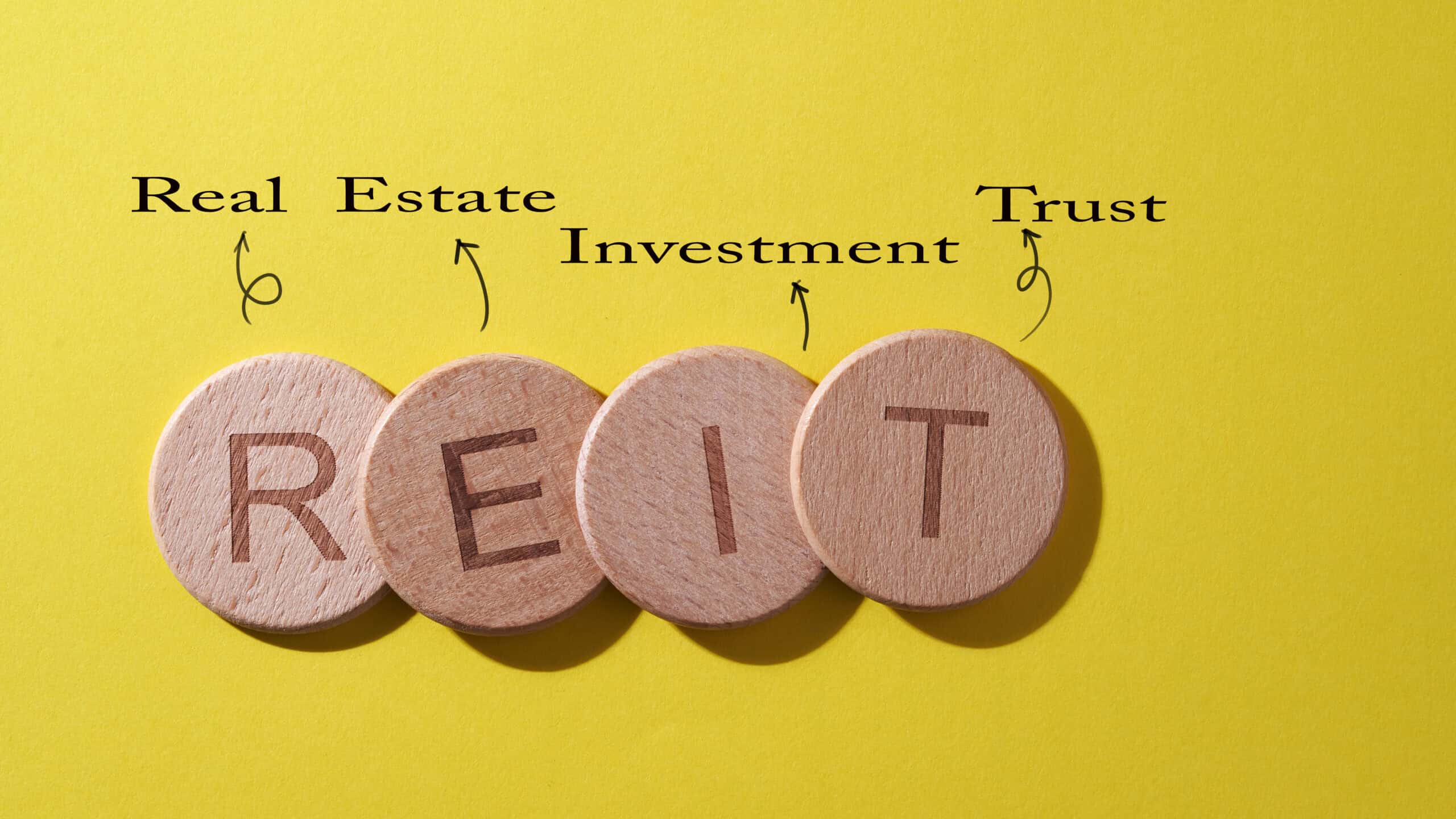 REIT on wooden circles with real estate investment trust written above on a yellow background.