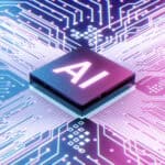 AI microprocessor on motherboard computer circuit.