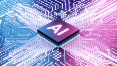AI microprocessor on motherboard computer circuit.