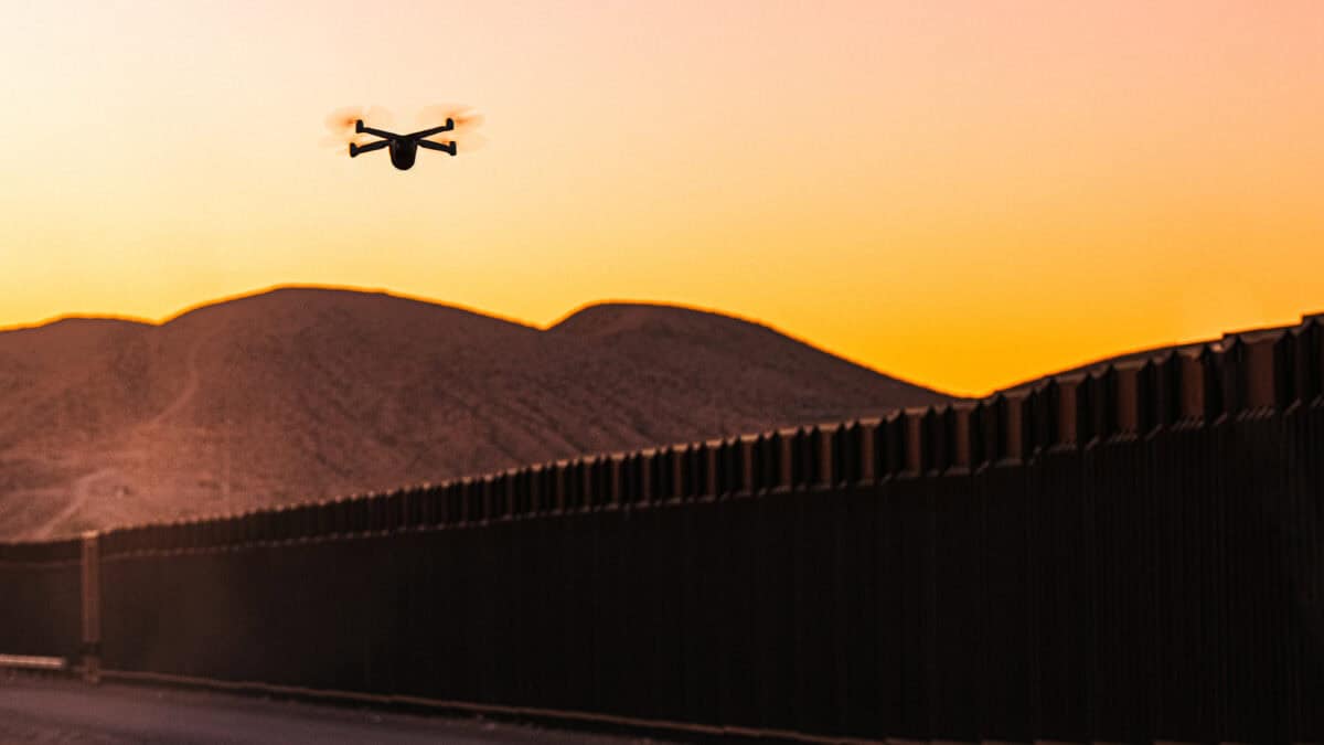 Drone flying in the sky.