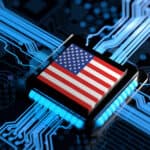 Processor chip on circuit board with USA flag.