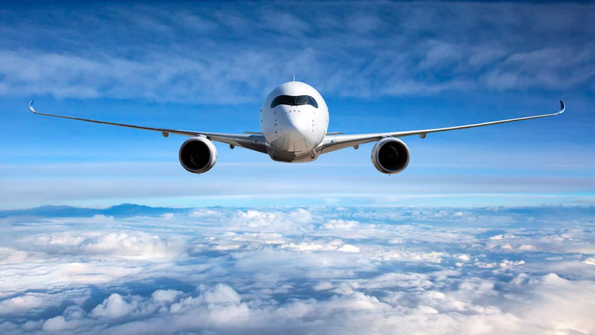Front view of aircraft in flight.