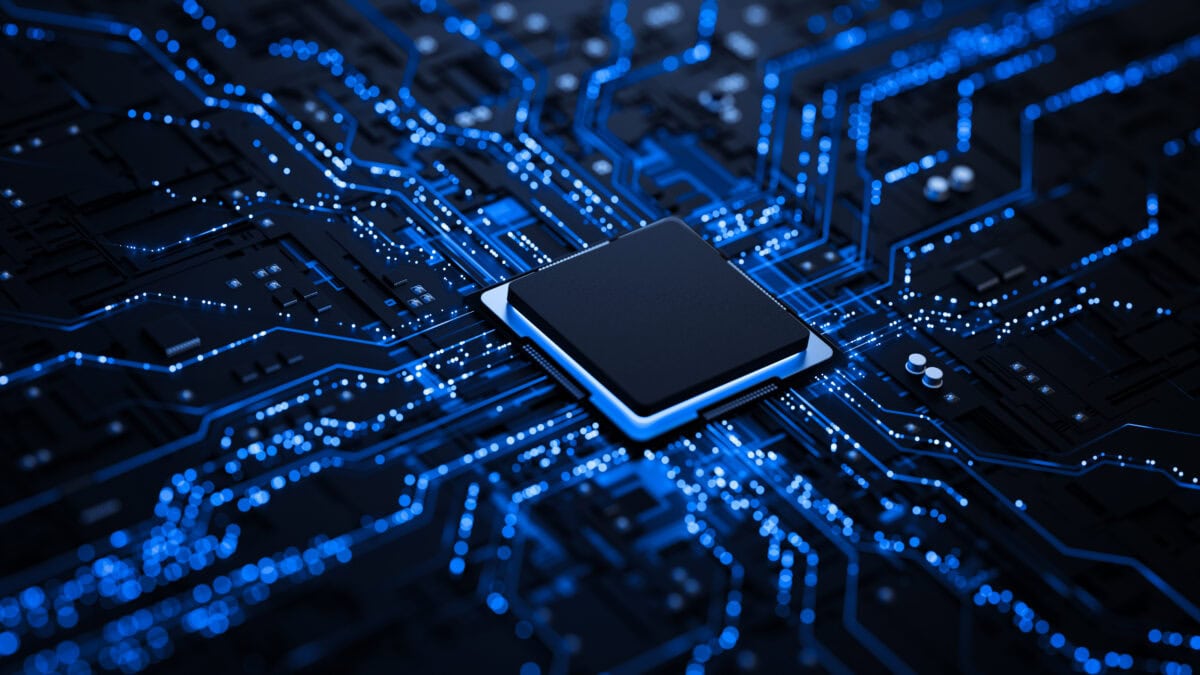 Processor chip on circuit board with copy space for design.