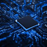 Processor chip on circuit board with copy space for design.