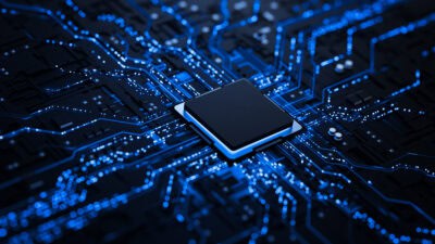Processor chip on circuit board with copy space for design.