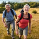 Senior couple climbing hill.