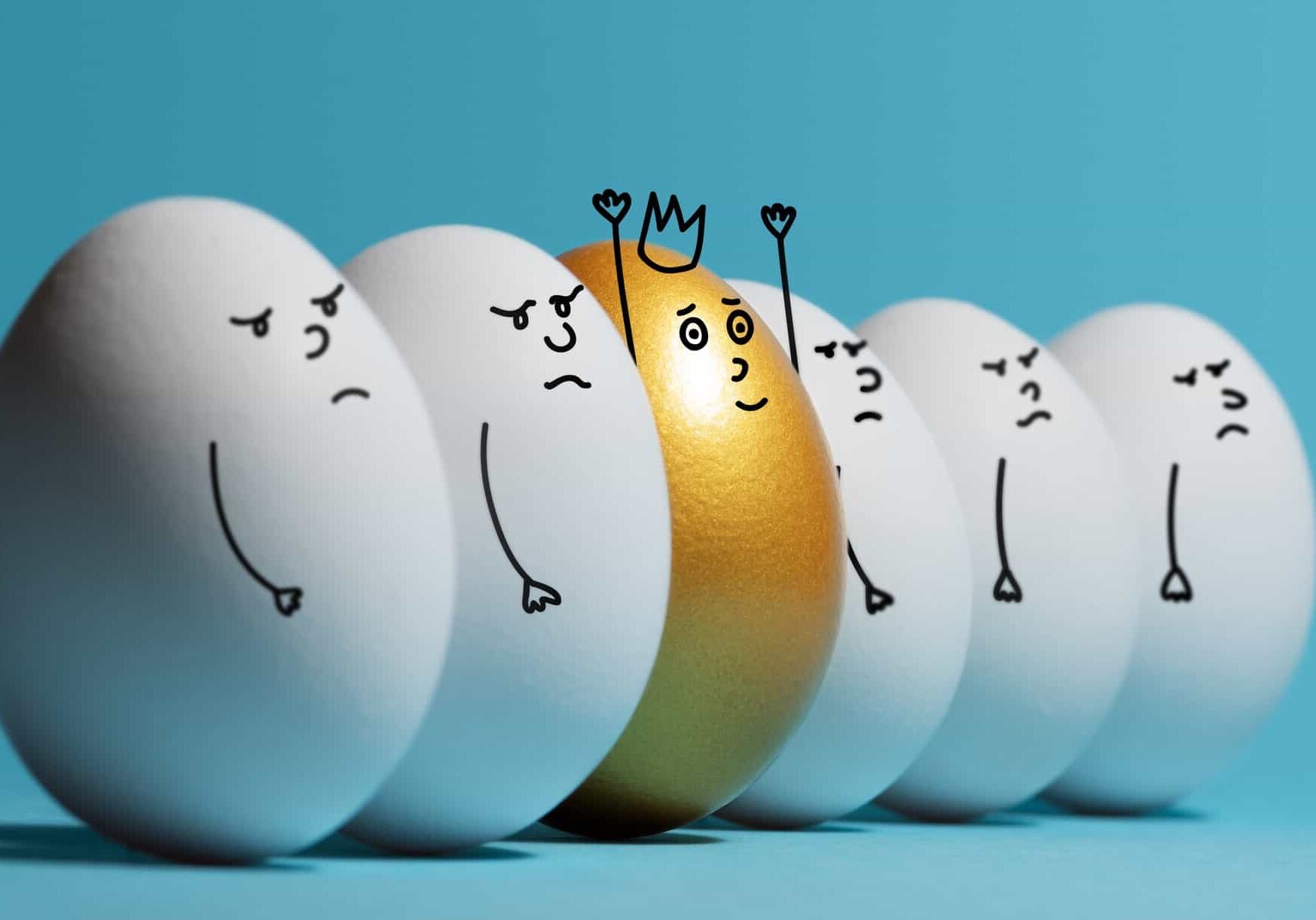 outperforming asx share price represented by row of white eggs with cartoon sad faces with one gold egg with happy face and crown